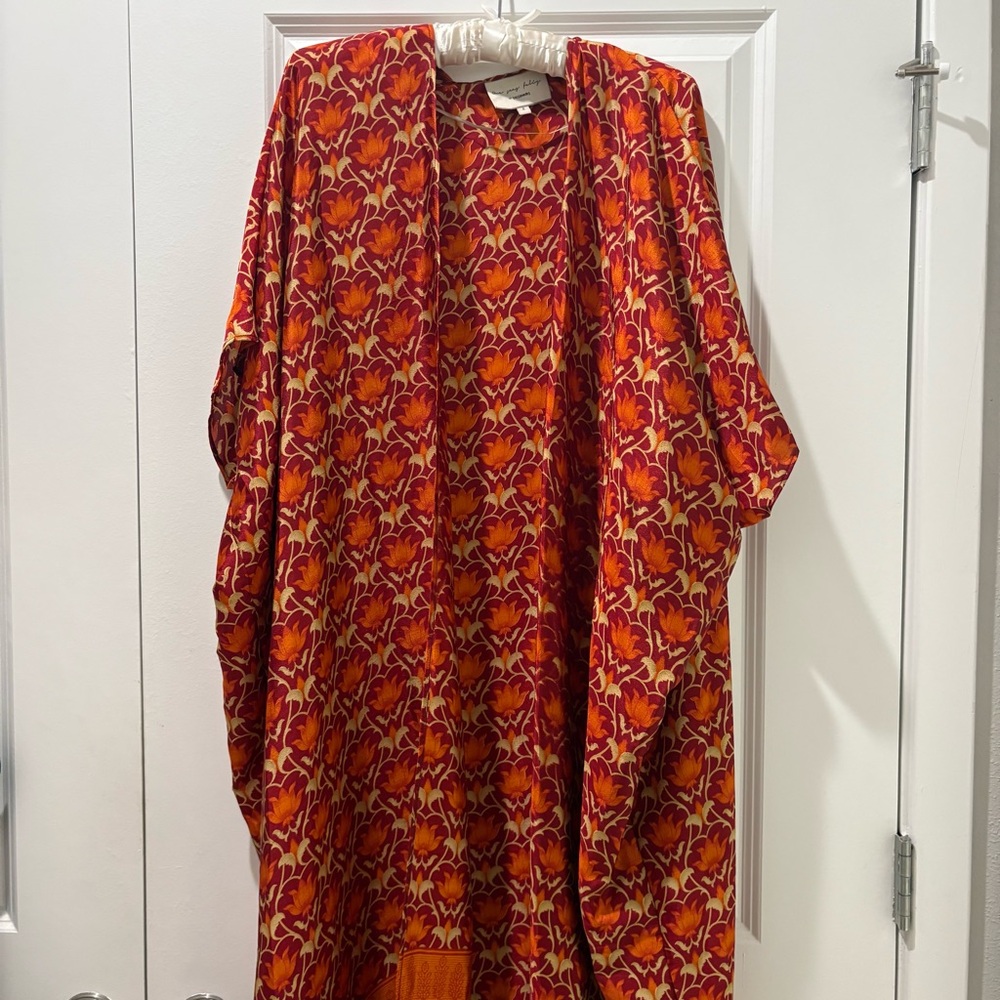 Floral Red Orange Open Kimono 100% silk